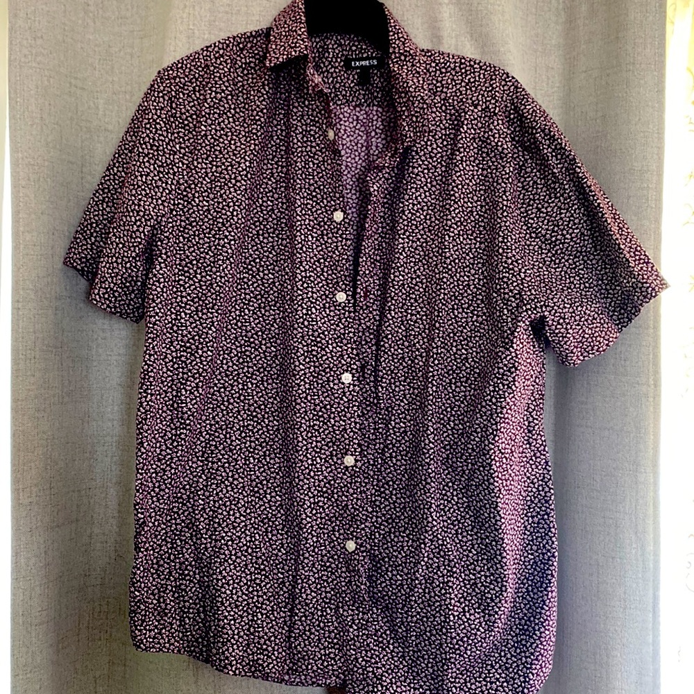 Express purple and white short sleeve button up